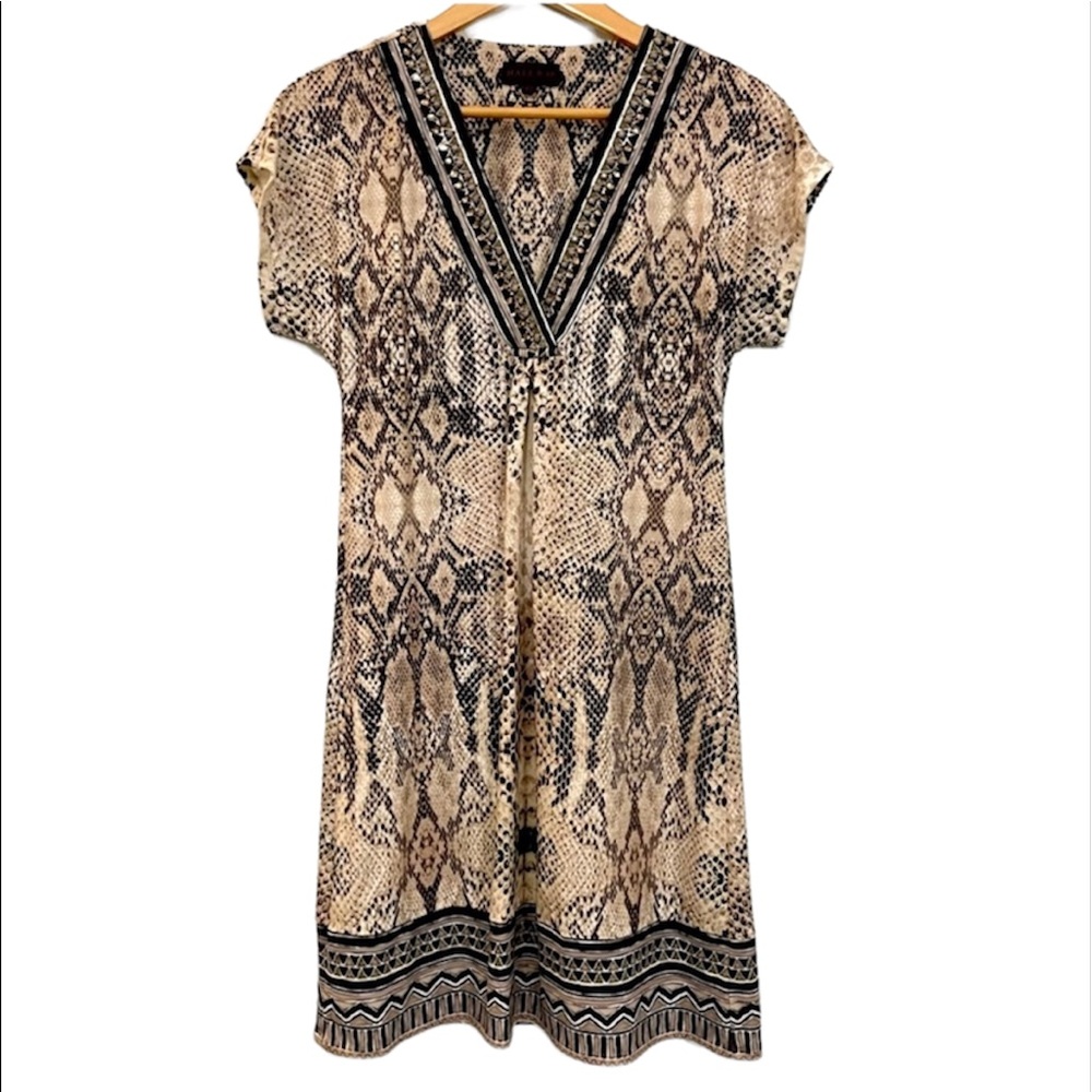 Hale Bob Snake Skin Rhinestone V-Neck Mini Dress Short Sleeve Western Cowgirl XS